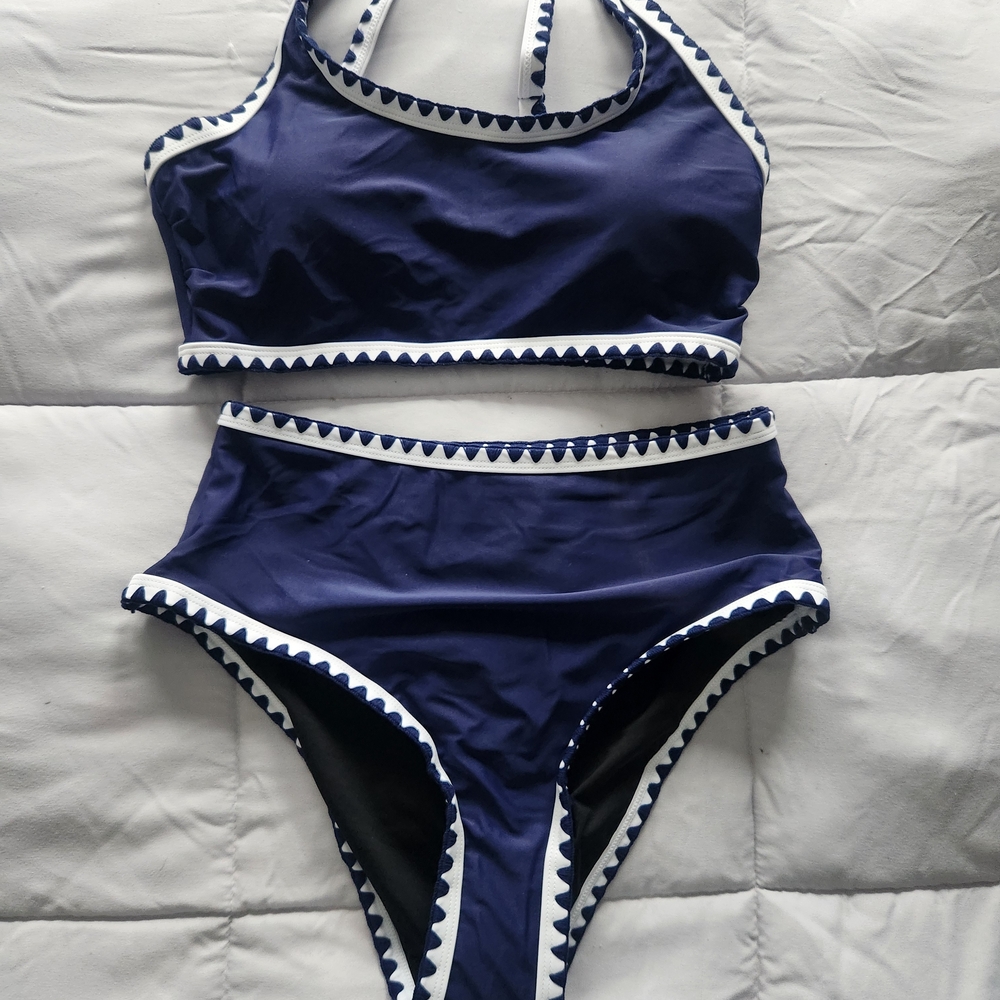 Navy Blue Bikini Set with White Trim